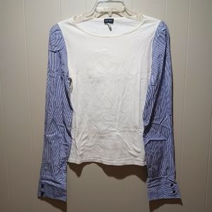 Armani Jeans Women's Top Blouse White Cotton Blue Striped Sleeves Made in Italy